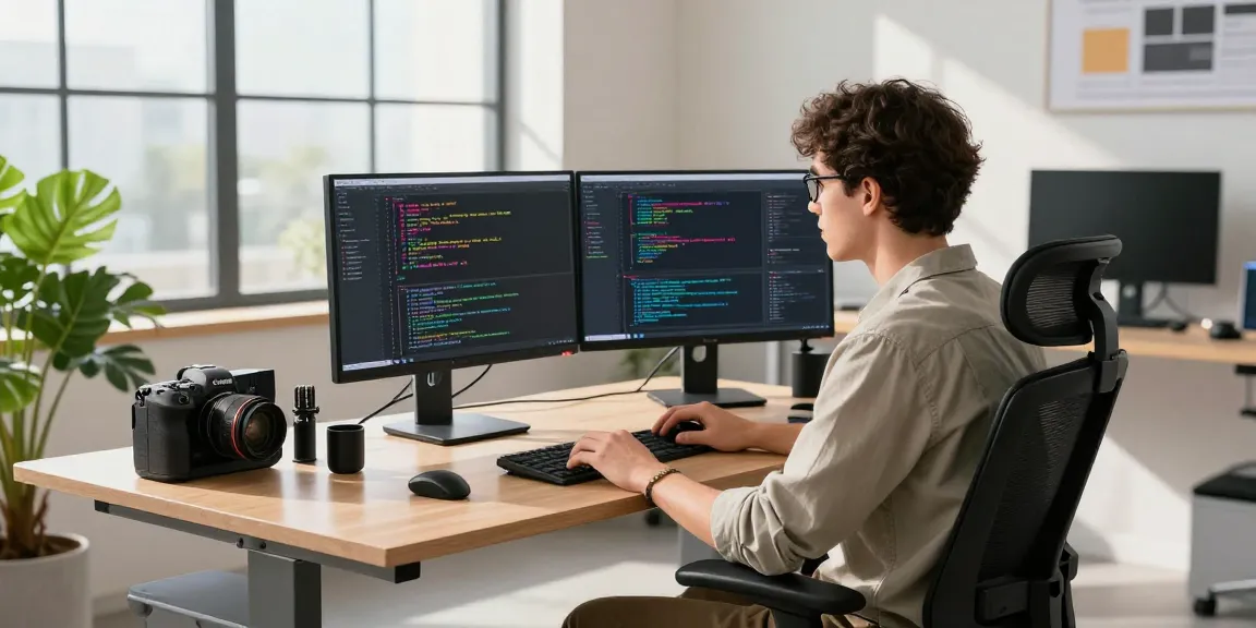 Pengembang menggunakan halte4d di ruang kerja modern dengan monitor dan perangkat teknologi.