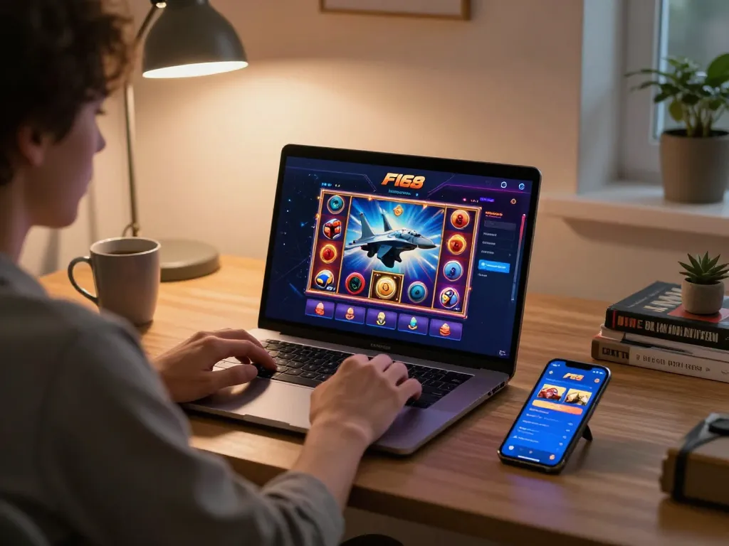 Player engaging with the F168 casino app on a laptop, enjoying a relaxed online gaming experience.