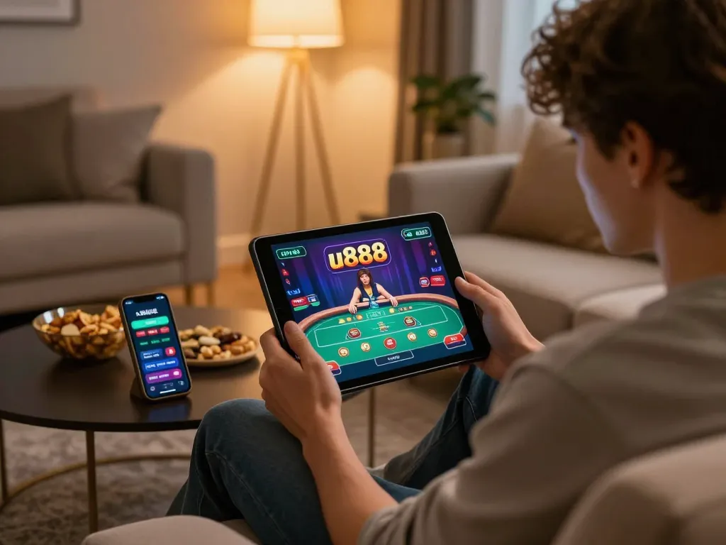 Engaging player enjoying u888 online casino on tablet with snacks nearby.