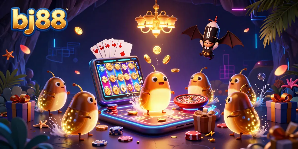 Bj88 lighting up a casino scene with glowworms and gaming elements focused on thrilling gameplay.