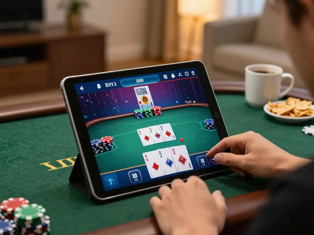 Engaging online poker session on to288 tablet with user focused on gameplay.