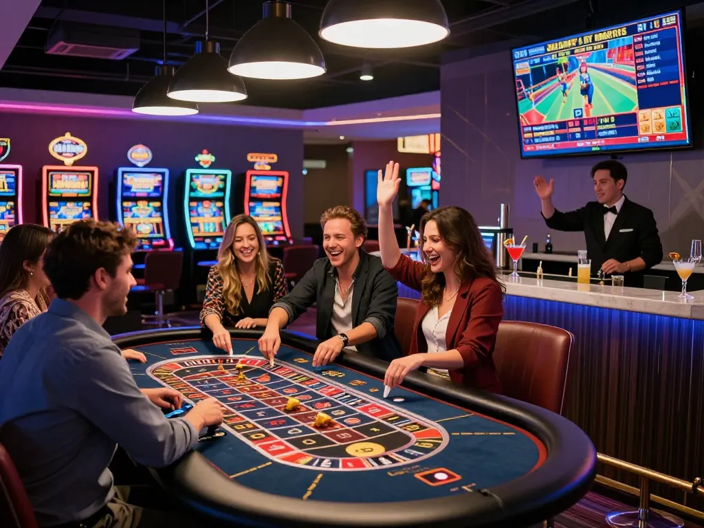 Exciting gaming scene at sultan88 lounge with friends celebrating wins.