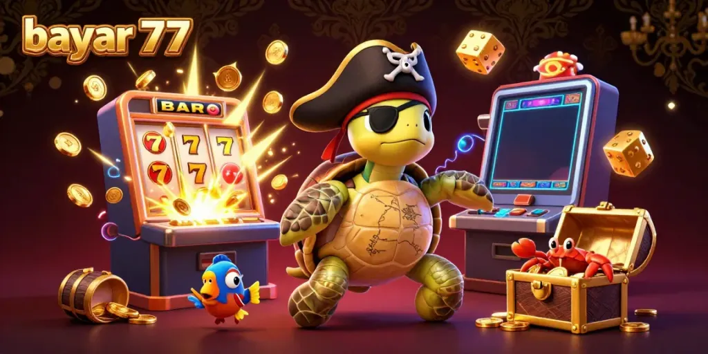 Experience excitement with bayar 77 in this vibrant casino illustration featuring a pirate turtle above overflowing treasures.