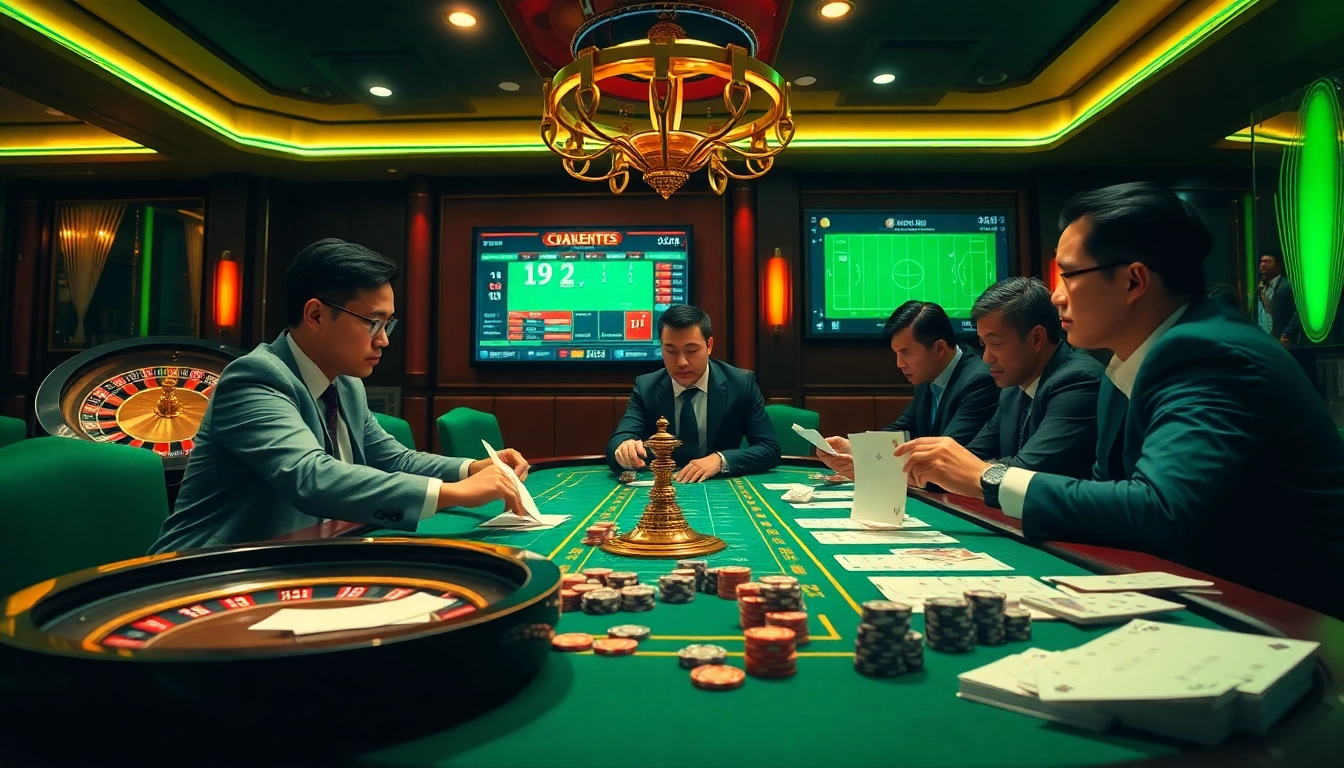 Situs Judi Bola live betting scene with gamblers at a casino table and digital score displays.