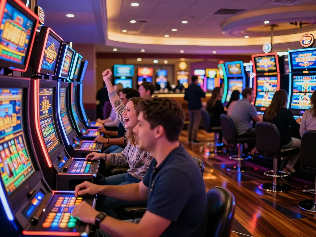 Engaged players at colorful slot machines celebrating wins at KJC events casino experience