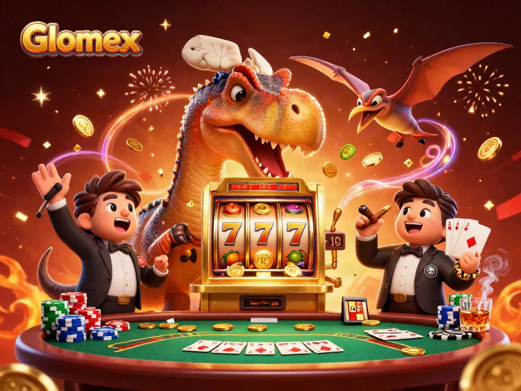Glomex depicts a pachycephalosaurus winning jackpot coins in a vibrant casino scene.