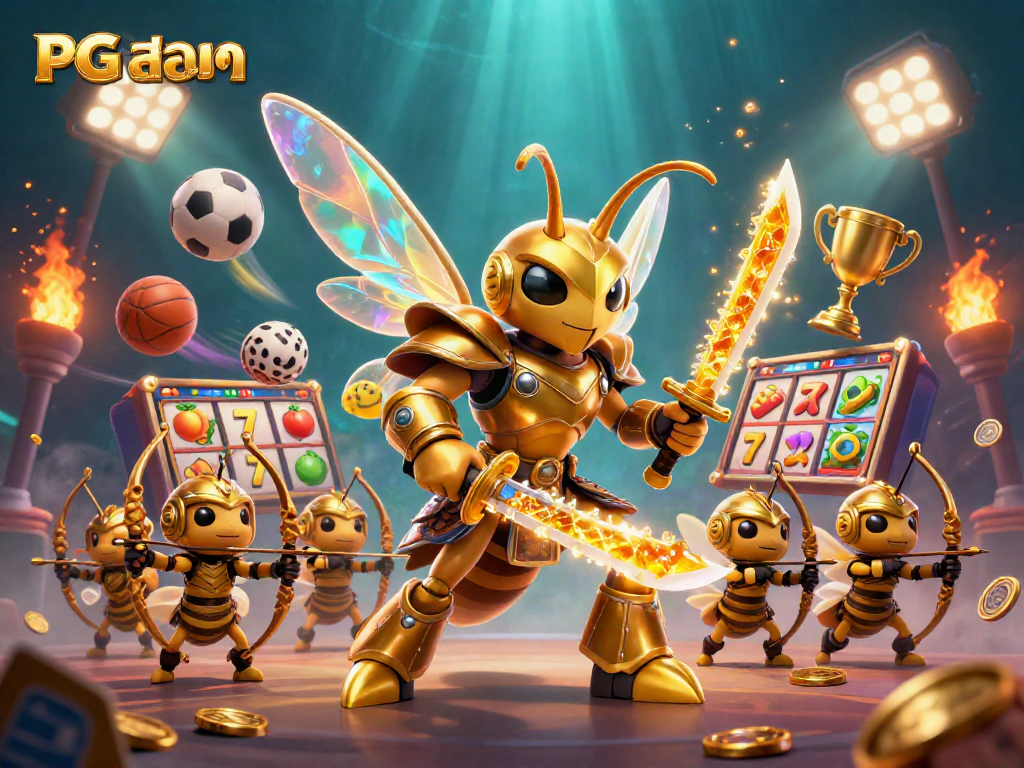 Engage with PG สล็อต's dynamic slot game scene featuring a golden hornet and sports elements in action.