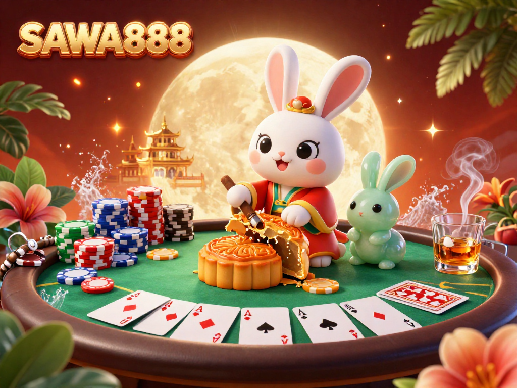 Experience thrilling gameplay at SAWA888 with vibrant poker action depicted in a whimsical moonlit scene.