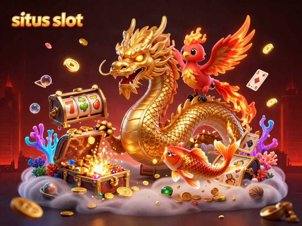 Menggairahkan situs slot dengan naga emas dan ikan koi terbang melalui tumpahan koin.