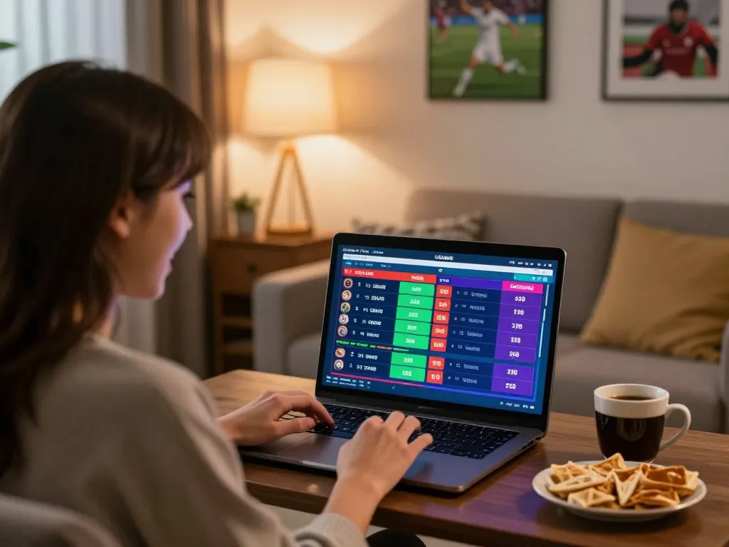 LIGA2000 betting excitement captured on a laptop in a cozy home setting with snacks and sports memorabilia.
