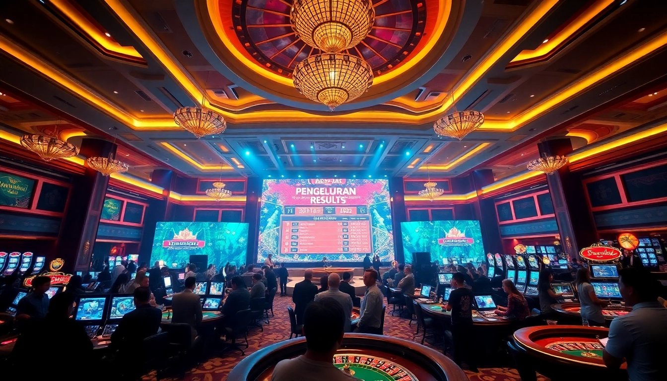 View lively casino with Pengeluaran Macau results displayed, captivating players at gaming tables.