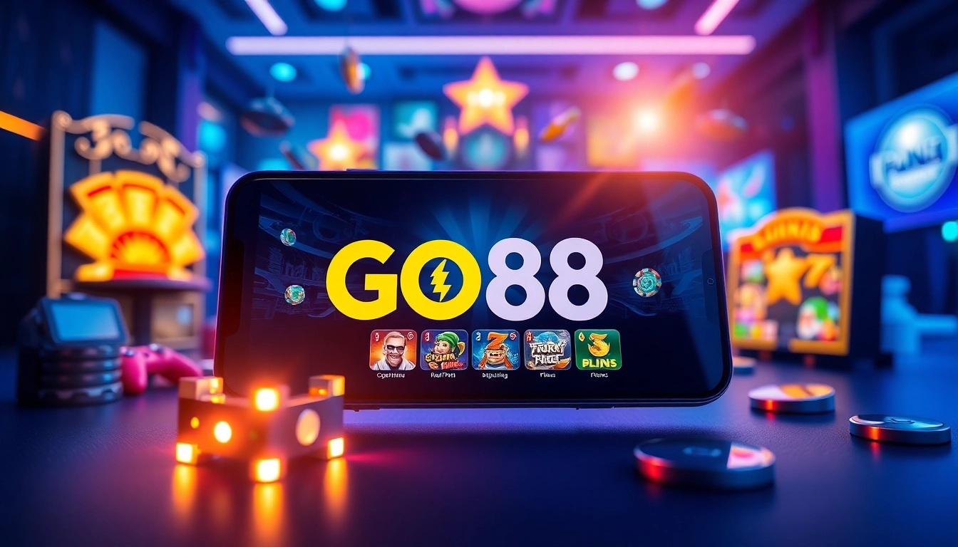 Tải GO88 with a smartphone displaying the gaming platform's vibrant interface and popular games, conveying excitement.