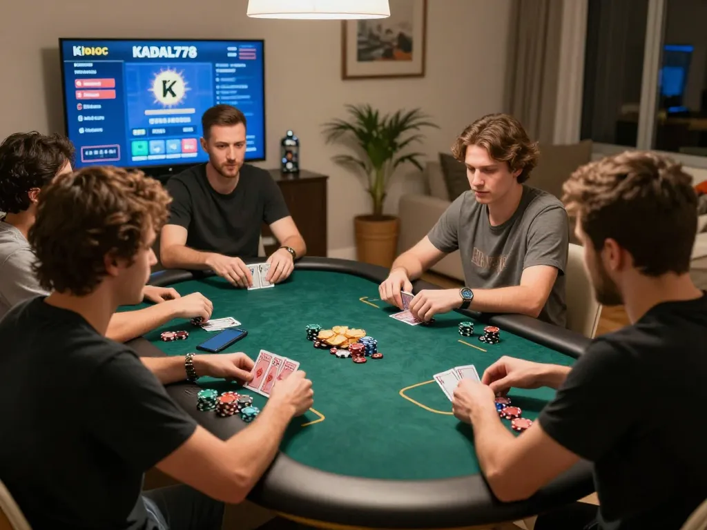 KADAL778 players enjoy intense online poker night with chips and cards, vibrant home atmosphere.