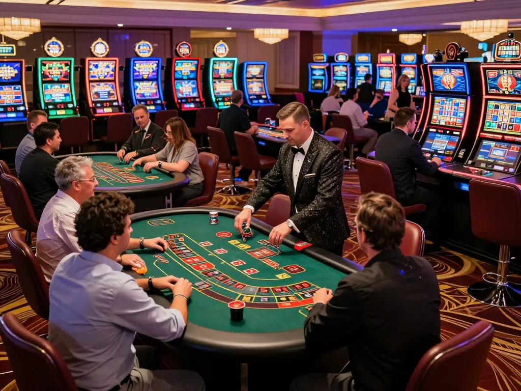 Players at the hitclub casino showcase strategic gameplay at blackjack and roulette tables under vibrant lighting.