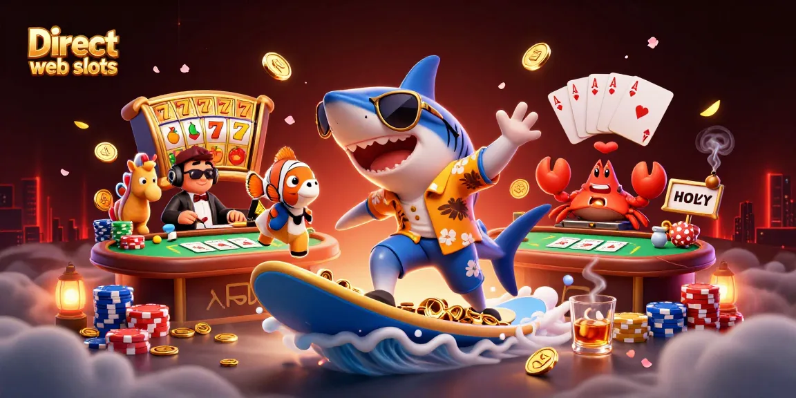 Enjoy thrilling Direct web slots action with a shark surfer and friends amid a dazzling casino scene.