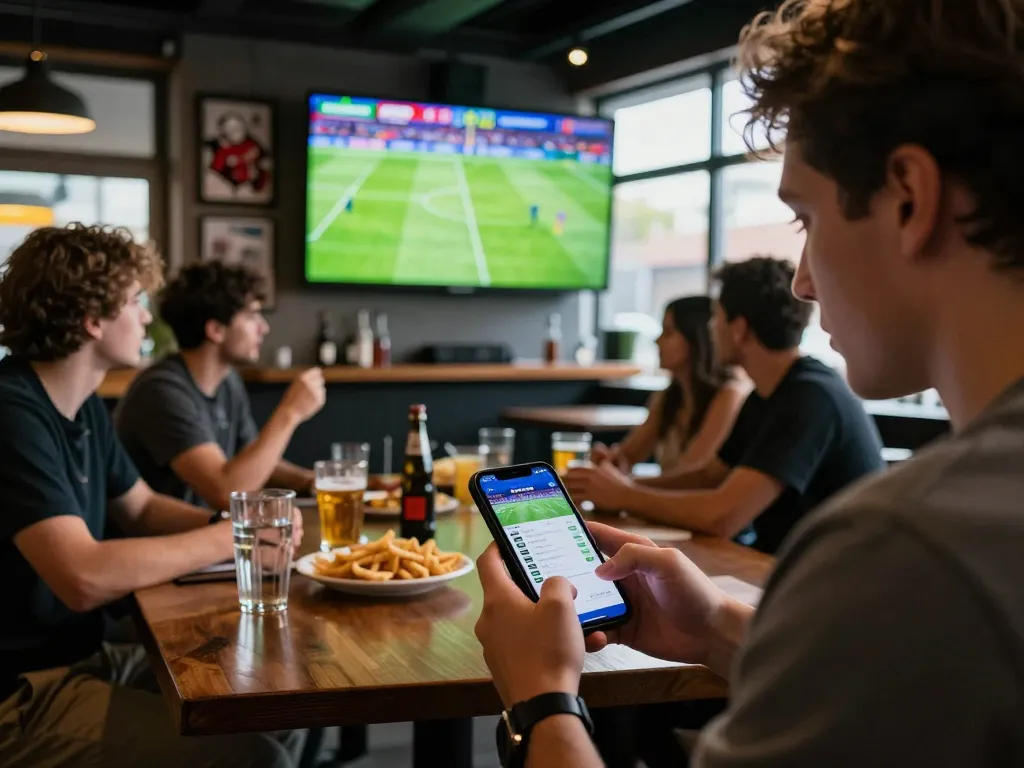 Person using nowgoal app for live sports betting with friends in a vibrant sports bar environment