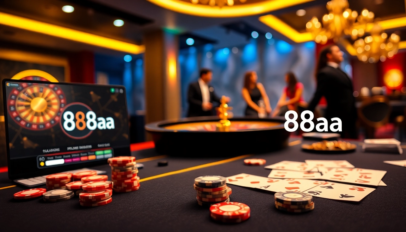 Experience thrilling gameplay at 88aa with poker chips and cards on a dazzling casino table.