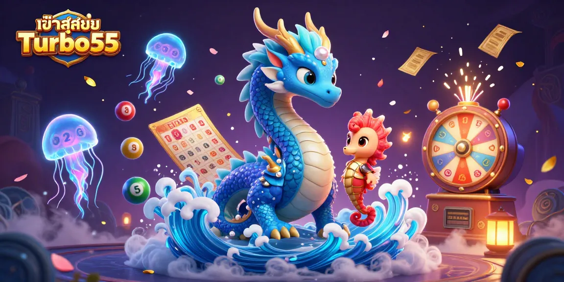 Engage with the magical world of เข้าสู่ระบบ Turbo55, featuring a vibrant 3D dragon and colorful casino elements.