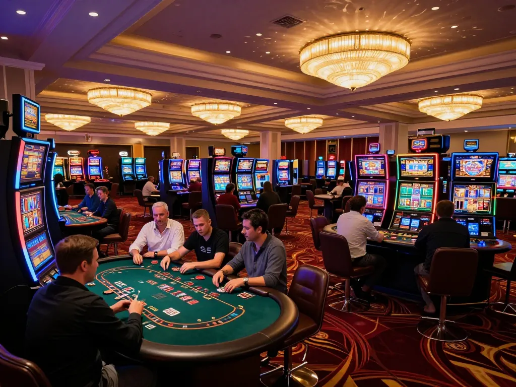 Players enjoying exciting games at 789club casino, illuminated by colorful lights and luxurious decor