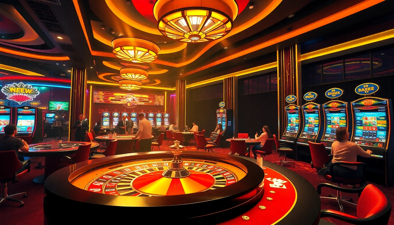Experience thrilling gameplay at i9bet with vibrant casino action featuring players and slot machines.