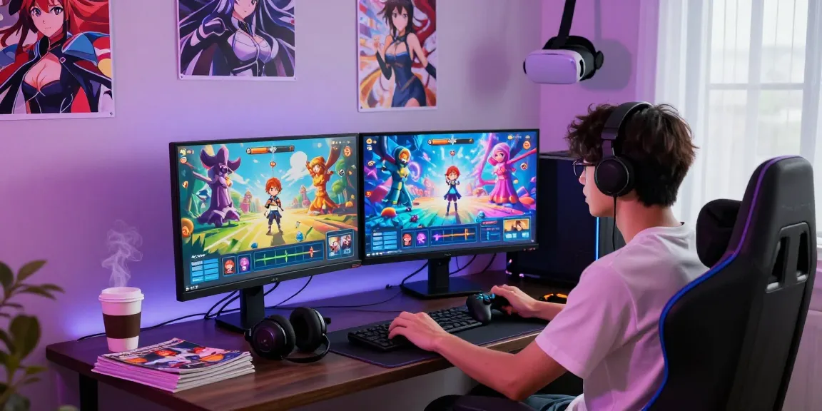 Engaging player enjoying an ecchi game with vibrant graphics on dual monitors.