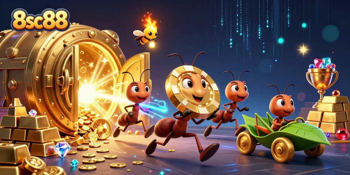 8sc88 showcases cartoon ants heisting a giant poker chip amid a vibrant casino tunnel scene.