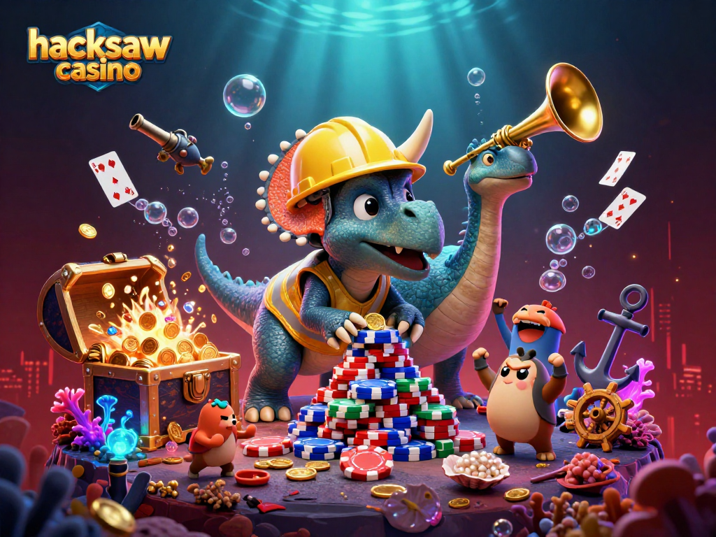 Join the action at hacksaw casino with a triceratops building poker chip towers in a stunning underwater world.