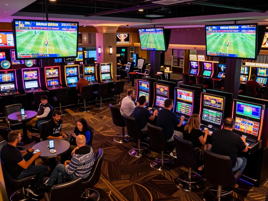 Bsport fans placing bets in a dynamic casino lounge, showcasing live sports excitement