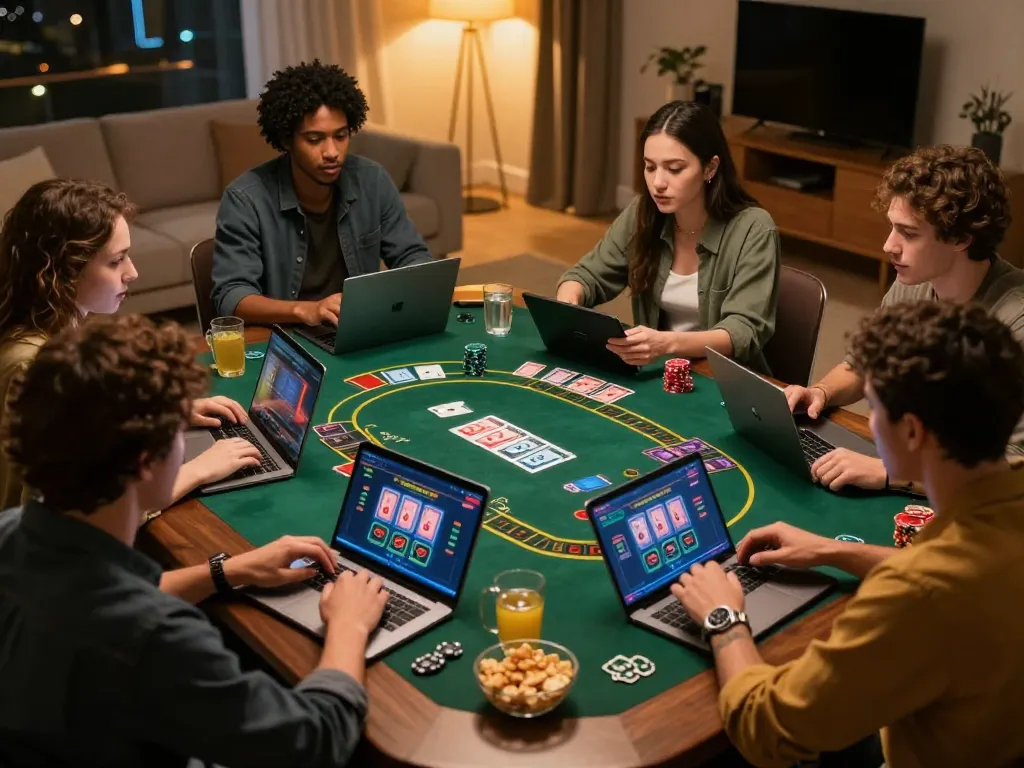 Players strategizing on blackjack games with uk88 showcased on laptops in a cozy home setting