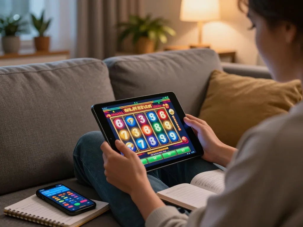 Winstrike69 online gambling moment with a player engaging in slots from home, showcasing a cozy atmosphere.