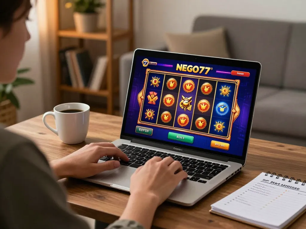 Play NEGO77's interactive slot games at home, showcasing a cozy gaming atmosphere.