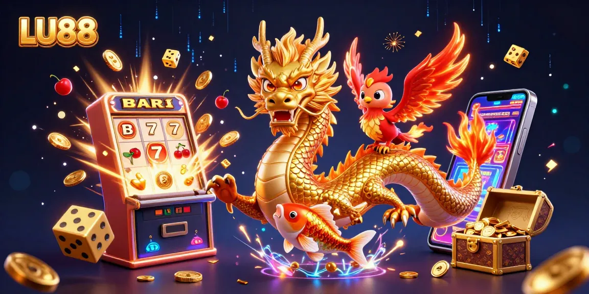 Experience thrilling wins at LU88 with a vibrant casino scene featuring dynamic slot machines, coins, and lucky symbols.