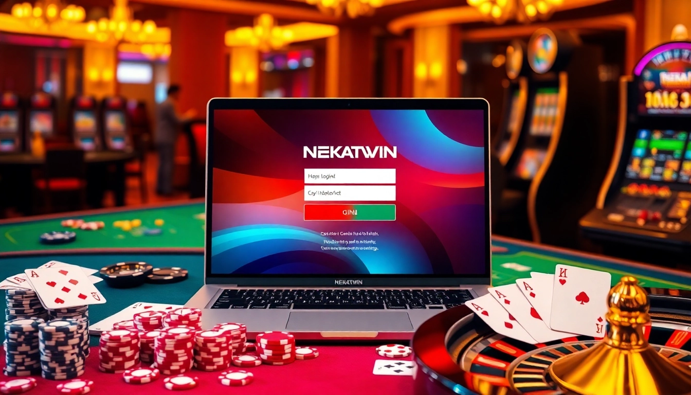 login nekatwin interface surrounded by vibrant casino elements like chips and cards