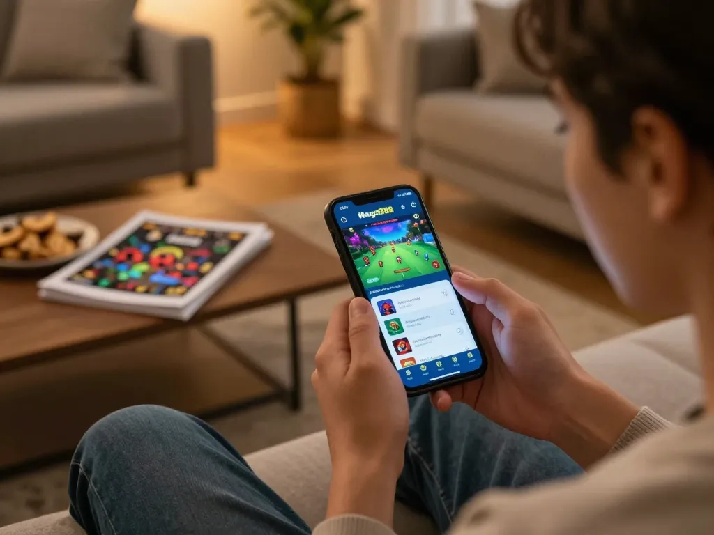 Mega888 Download Site mobile gaming showcase with a player enjoying the casino app in a relaxed home setting.