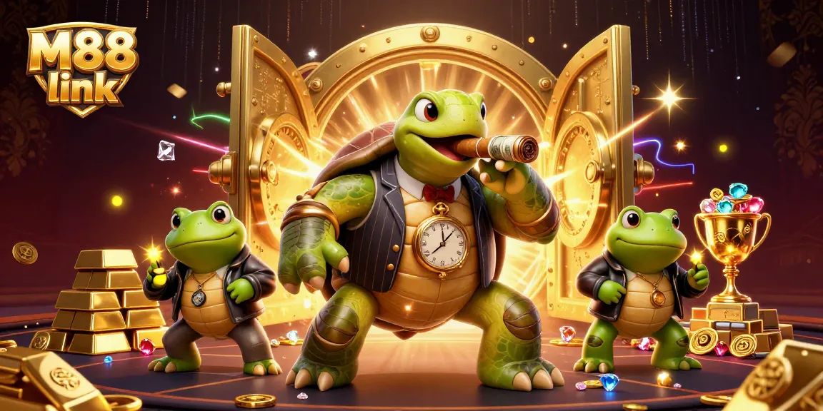 Engage with thrilling M88 link gameplay amid a bustling casino scene with dynamic characters and vivid treasures.