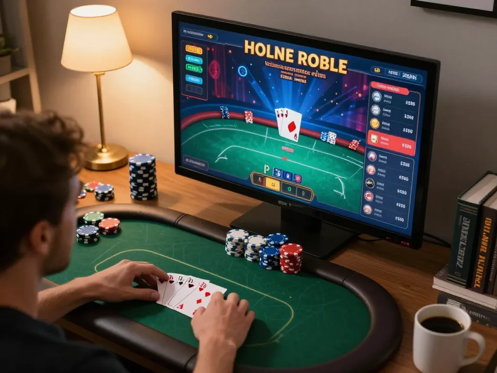 Engaging in a thrilling online poker game at 32win with winning cards displayed on a computer screen
