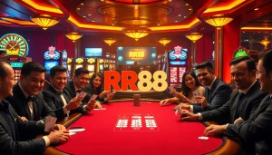 Players at a poker table enjoying a thrilling game at https://urr88.com/ casino with poker chips and cards visible.