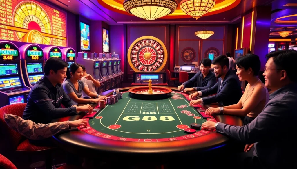 Experience the excitement of GO 88 with vibrant poker games and luxurious casino aesthetics.