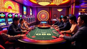 Experience the excitement of GO 88 with vibrant poker games and luxurious casino aesthetics.