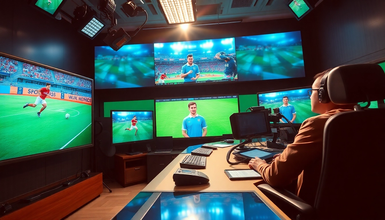 Dynamic sports broadcasting studio capturing the excitement and technology in action.