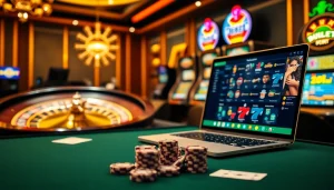 Experience the thrill of De bet with vibrant casino visuals showing poker chips, roulette wheel, and slot machines.