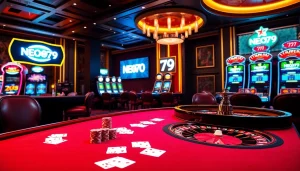 NEO79 players celebrating wins at a luxurious casino table filled with poker chips and cards.