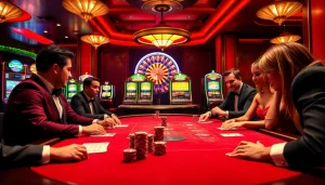 SODO casino gaming scene showcasing players at a poker table with vibrant roulette and slot machines.