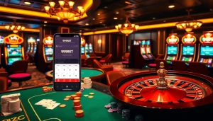 Experiencing thrilling gaming at 999BET casino with a vibrant poker table and roulette wheel.